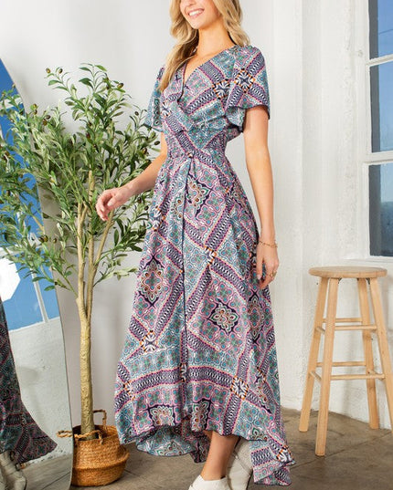 Tribal Maxi Wrap Dress with Waist Smoking