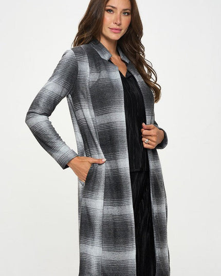 Made in USA Plaid Open Front Coat with Collar