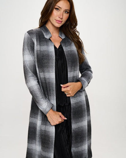 Made in USA Plaid Open Front Coat with Collar