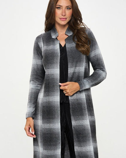 Made in USA Plaid Open Front Coat with Collar