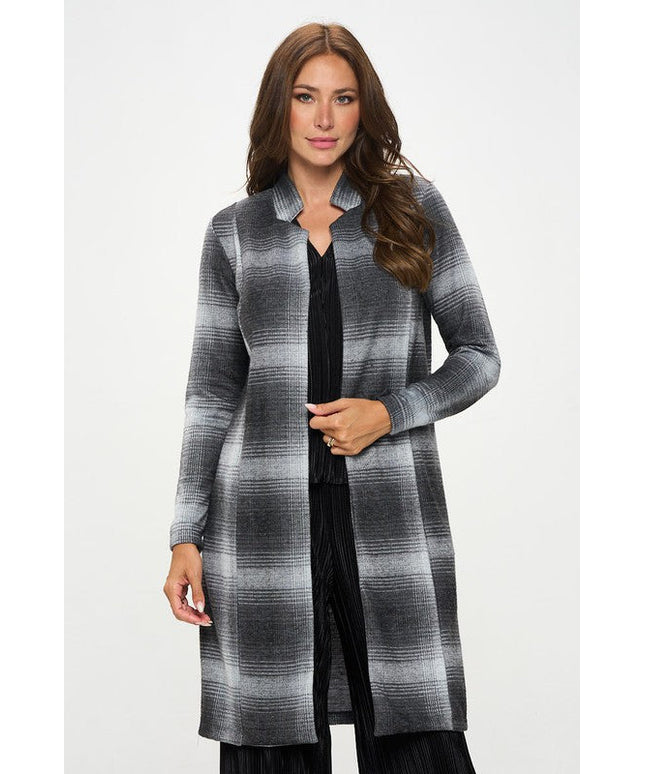 Made in USA Plaid Open Front Coat with Collar