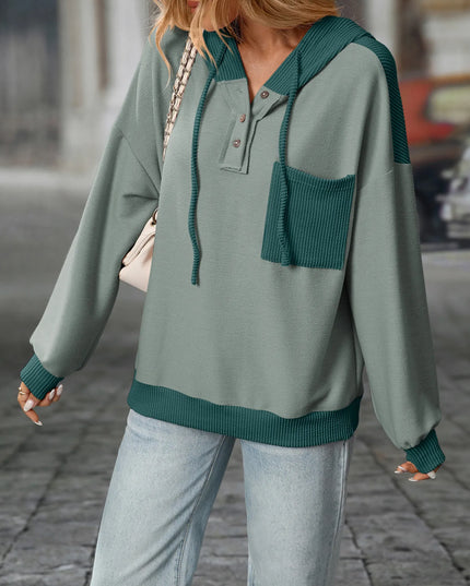 Drawstring Button Detail Long Sleeve Hoodie