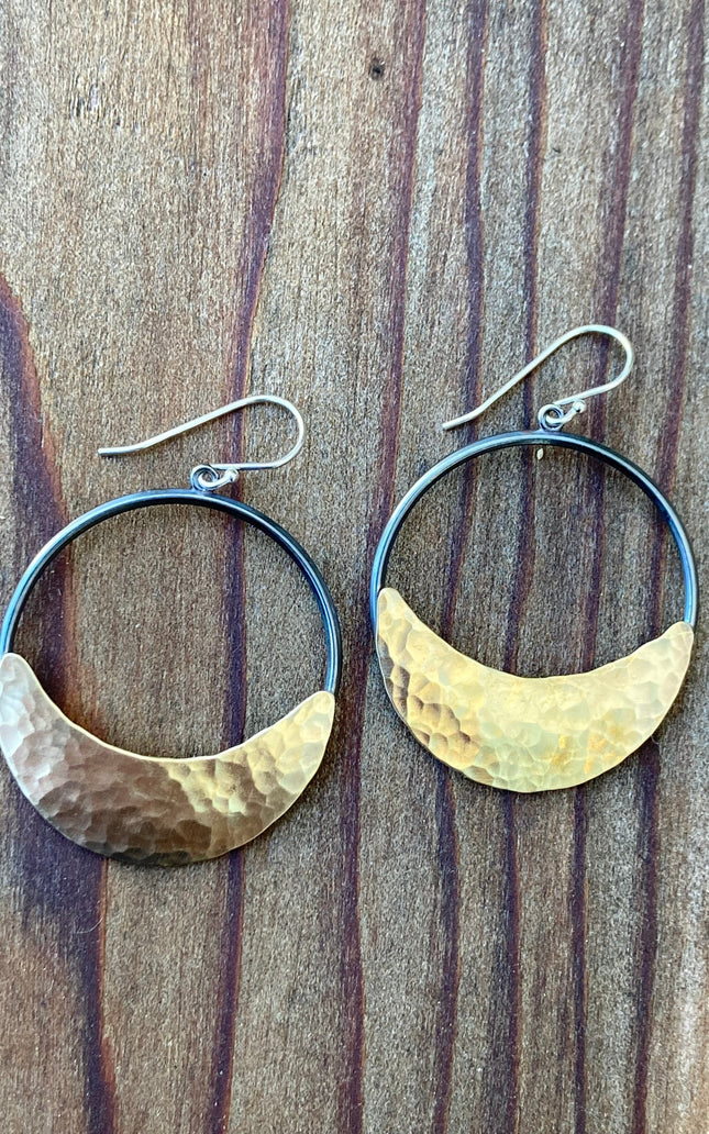 Crescent Moon Hoop Earrings in Oxidized Silver and Brass | Moon Phase Earrings