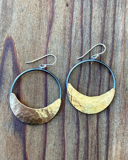 Crescent Moon Hoop Earrings in Oxidized Silver and Brass | Moon Phase Earrings