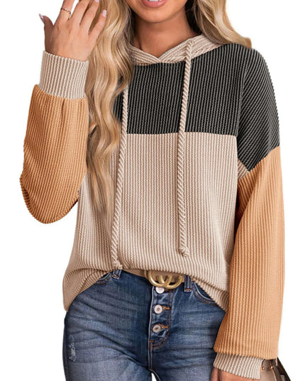 Women Drawstring Color Block Long Sleeve Hoodie