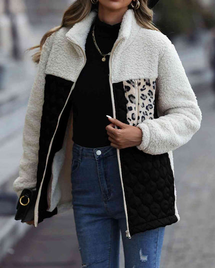 Women Leopard Color Block Zip-Up Jacket
