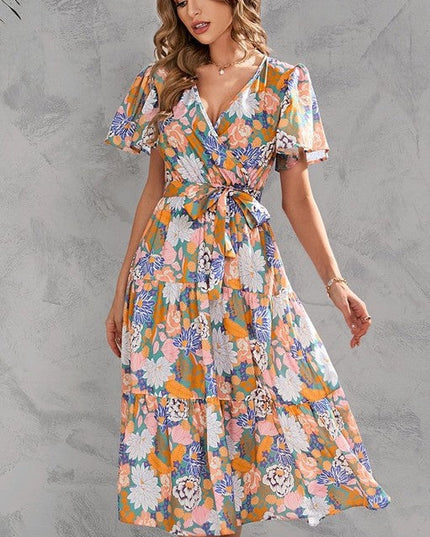 V-neck floral tiered midi dress
