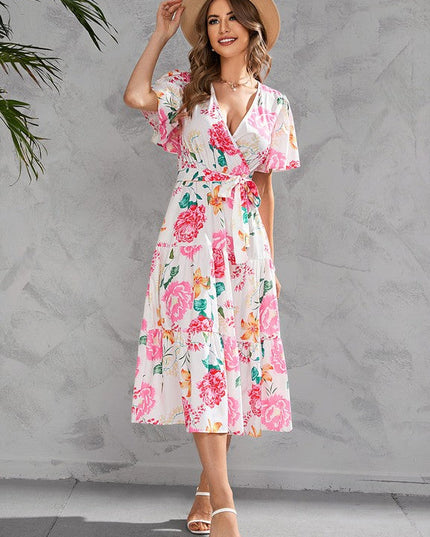 V-neck floral tiered midi dress