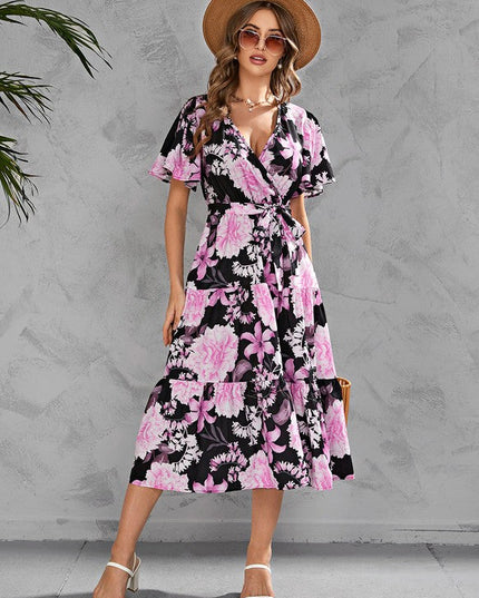 V-neck floral tiered midi dress