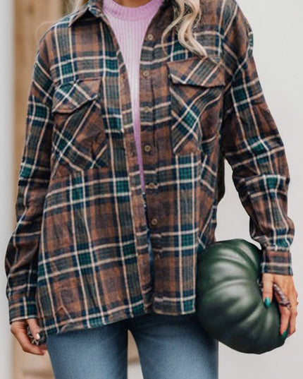Plaid Print Chest Pockets Buttoned Shacket