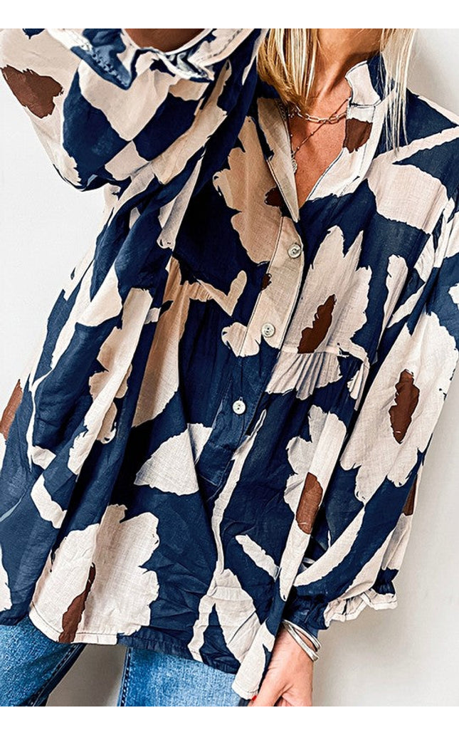 60s Flower Frill Neck Loose Blouse