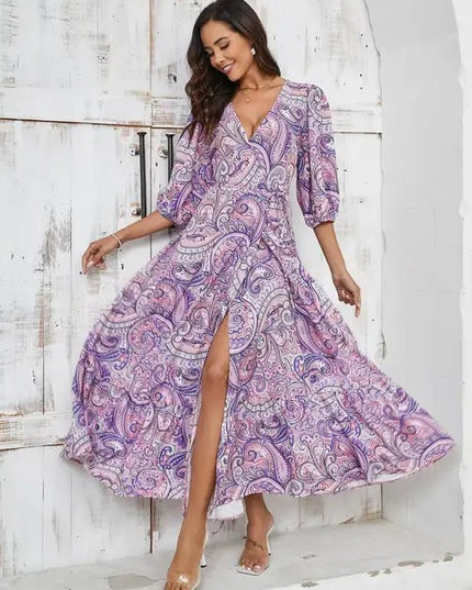 Elegant Floral Paisley Maxi Dress with Slit