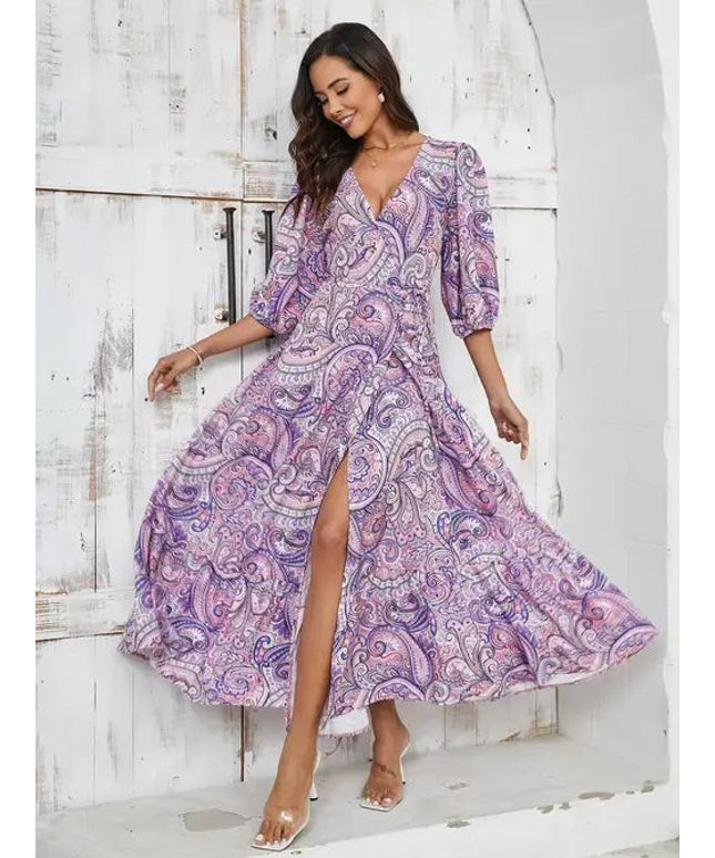 Elegant Floral Paisley Maxi Dress with Slit