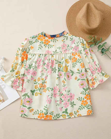 Multicolour V Neck Half Sleeve Boho Floral Blouse