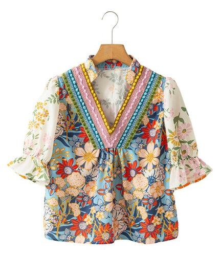 Multicolour V Neck Half Sleeve Boho Floral Blouse