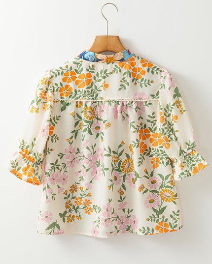 Multicolour V Neck Half Sleeve Boho Floral Blouse