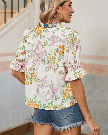 Multicolour V Neck Half Sleeve Boho Floral Blouse