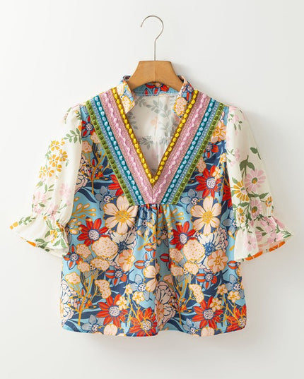 Multicolour V Neck Half Sleeve Boho Floral Blouse