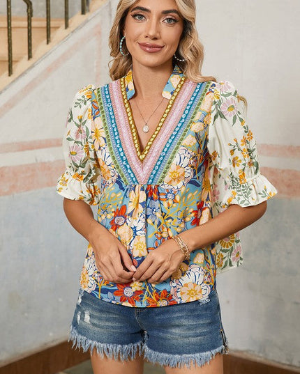 Multicolour V Neck Half Sleeve Boho Floral Blouse