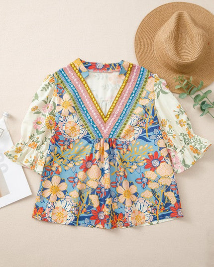 Multicolour V Neck Half Sleeve Boho Floral Blouse