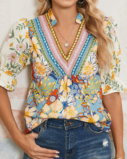 Multicolour V Neck Half Sleeve Boho Floral Blouse