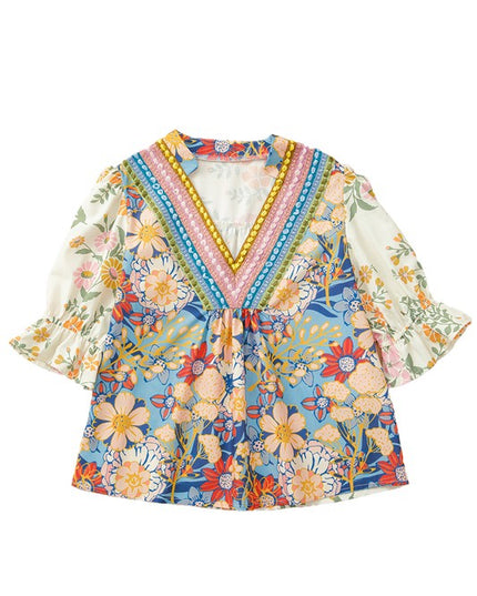 Multicolour V Neck Half Sleeve Boho Floral Blouse