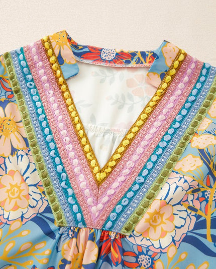Multicolour V Neck Half Sleeve Boho Floral Blouse