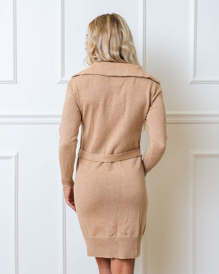 Wide Collar Belted Organic Sweater Dress