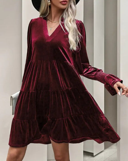 Elegant Velvet Long Sleeve  Solid Color Dress
