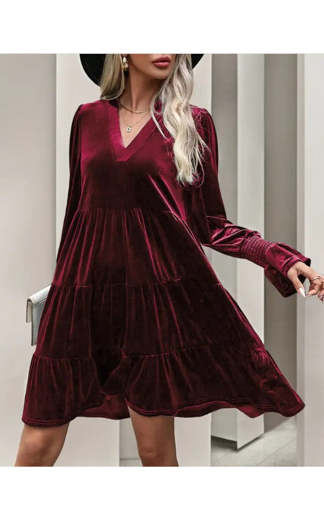 Elegant Velvet Long Sleeve  Solid Color Dress