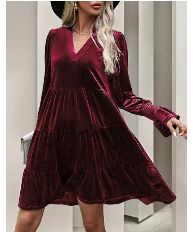 Elegant Velvet Long Sleeve  Solid Color Dress