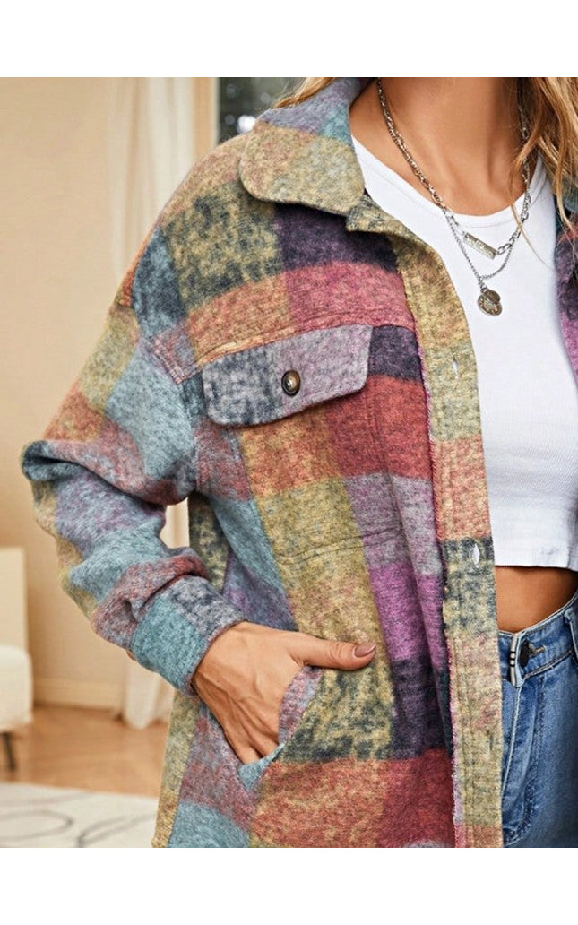 Mustard Red Mint plaid button Shacket Cardigan