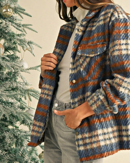 Blue Red Mint plaid button Shacket Cardigan