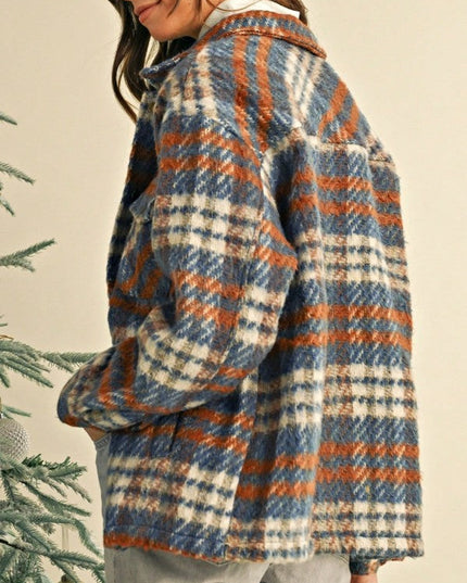 Blue Red Mint plaid button Shacket Cardigan