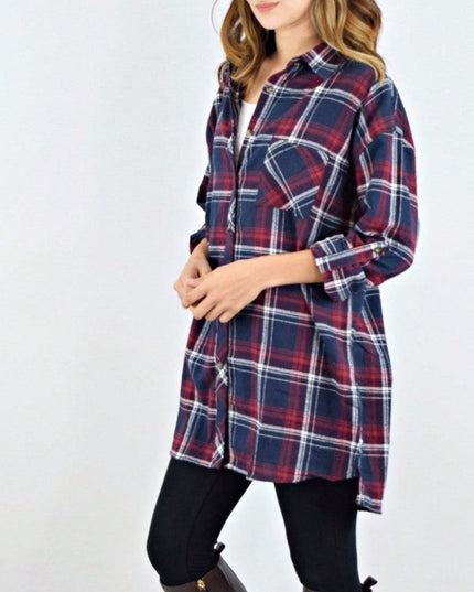 Cotton Plaid Red Navy Button Long Shirt Shacket