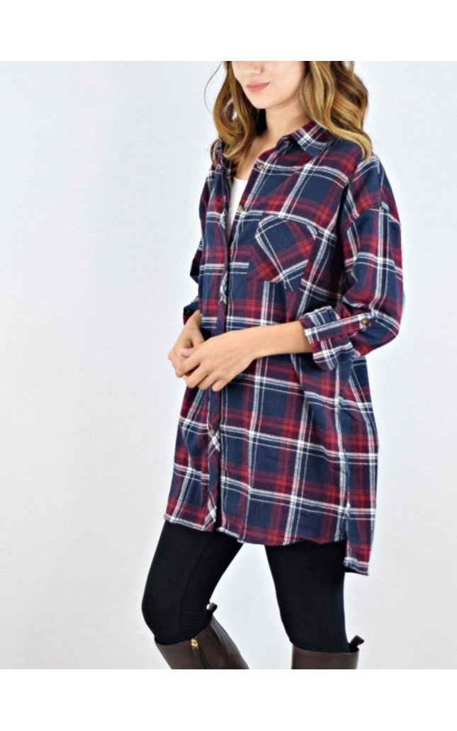 Cotton Plaid Red Navy Button Long Shirt Shacket