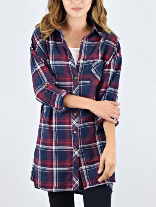 Cotton Plaid Red Navy Button Long Shirt Shacket