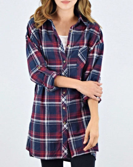 Cotton Plaid Red Navy Button Long Shirt Shacket