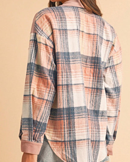 Plaid Corduroy Patch Pocket Loose Shacket Shirt