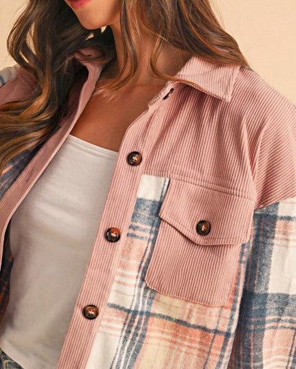 Plaid Corduroy Patch Pocket Loose Shacket Shirt