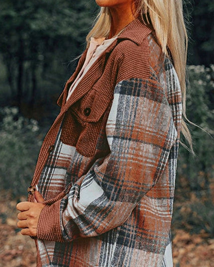 Plaid Corduroy Patch Pocket Loose Shacket Shirt