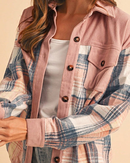 Plaid Corduroy Patch Pocket Loose Shacket Shirt