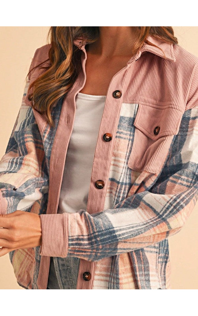 Plaid Corduroy Patch Pocket Loose Shacket Shirt