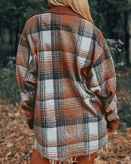 Plaid Corduroy Patch Pocket Loose Shacket Shirt