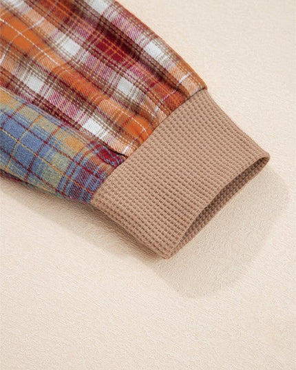 Cotton Waffle Stripe Plaid Patchwork Henley Top