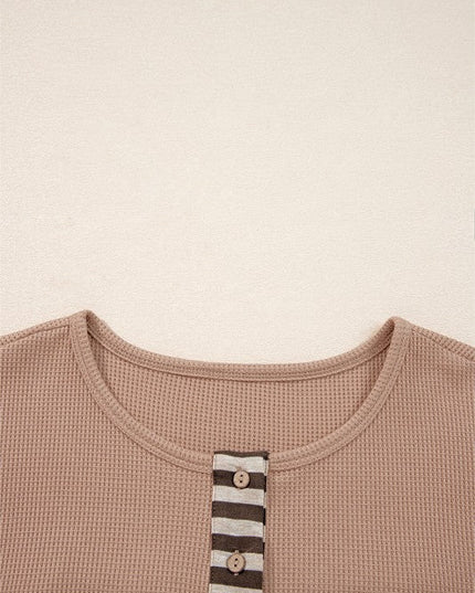 Cotton Waffle Stripe Plaid Patchwork Henley Top