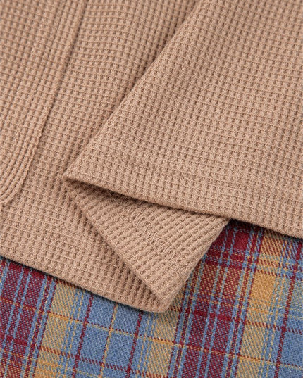 Cotton Waffle Stripe Plaid Patchwork Henley Top