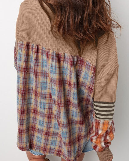 Cotton Waffle Stripe Plaid Patchwork Henley Top