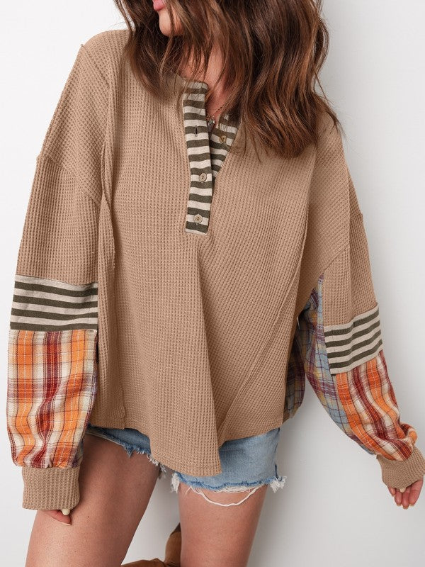 Cotton Waffle Stripe Plaid Patchwork Henley Top