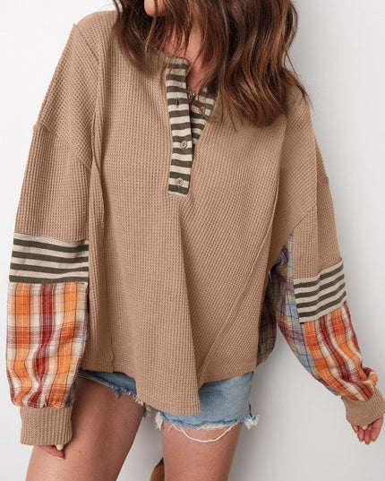Cotton Waffle Stripe Plaid Patchwork Henley Top